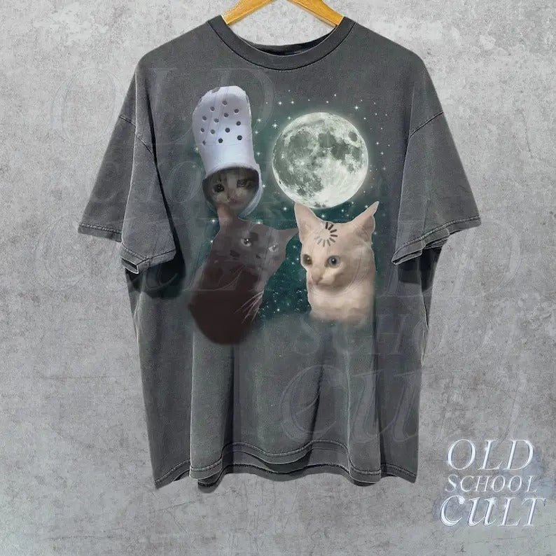 Three Cats Vintage Graphic T-shirts, Retro Cat Moon Tshirt, Cat Lovers, Funny Cat Tee, Oversized Washed Tee, Meme T Shirt, Ugly Shirts