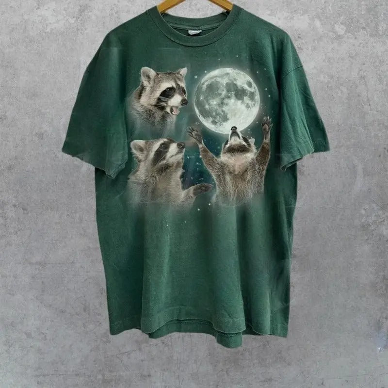 Three Raccoons Vintage Graphic T-shirts, Retro Raccoon Moon Tshirt, Raccoon Lovers, Funny Raccon Tee, Oversized Washed Hoodie, Raccoon Gifts Menswear Top Cotton Classic T-shirt Shirt Sweatshirt