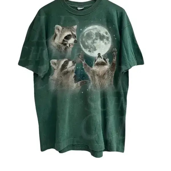 Three Raccoons Vintage Graphic T-shirts, Retro Raccoon Moon Tshirt, Raccoon Lovers, Funny Raccon Tee, Oversized Washed Tee, Raccoon Gifts Menswear Top