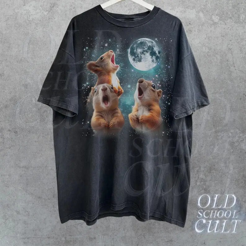 Three Squirrel Funny Vintage Tshirt, Retro Squirrel Meme Shirt, Ugly T-Shirt Gifts For Friends, Howling Squirrel Moon,Soft Unisex Cotton Tee