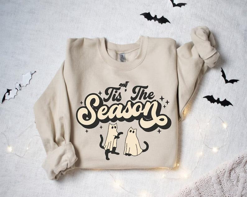 Tis The Season Halloween Sweatshirt, Retro Cat Ghost Sweatshirt, Halloween Sweater, Halloween Vibes, Cat Sweater, Fall Sweater