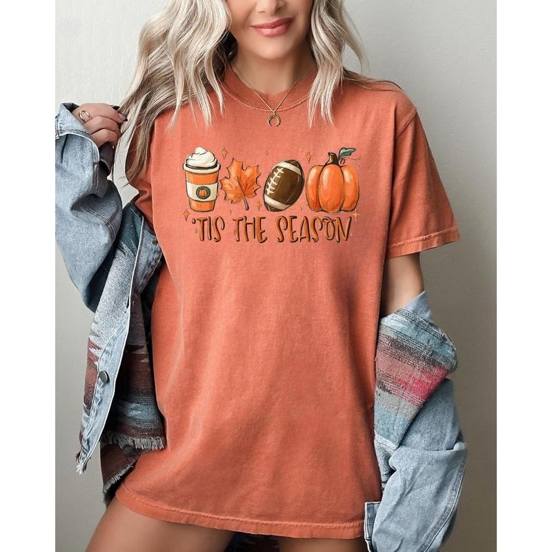 Tis The Season, Pumpkin Spice Latte, Football, Leaves, Coffee, Autumn, Fall Shirt, Women's Comfort Color Tee, Tshirt