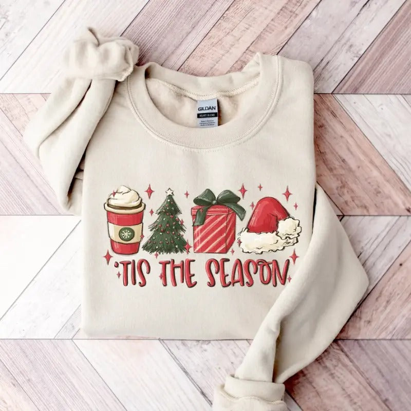 Tis the Season Christmas Sweatshirt, Christmas Coffee Shirt, Funny Christmas Crewneck Festive Holiday Tshirt Christmas Sweater Menswear Hoodie