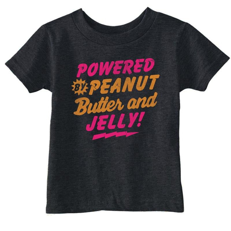 Toddler Funny T Shirts Powered By Peanut Butter And Jelly Sarcastic PB&J Graphic Novelty Tee For Toddlers Funny Toddler Shirts Sarcastic Apparel for Toddler Funny Food Apparel Childrens Graphic Tees Black - PB