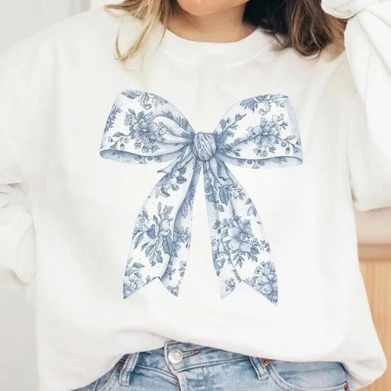 Toile De Jouy Blue Coquette Sweatshirt, Blue Ribbon Shirt, Cotton Round Neck Tee, Unisex Tshirt for Men and Women, Menswear, Womenswear, Lady Top Fabric Comfort Printed Sweaters
