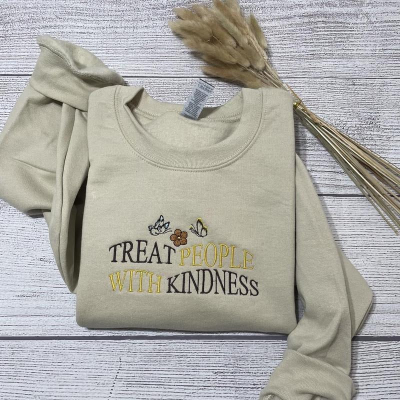 Treat People With Kindness inspirational embroidered sweatshirt, inspirational embroidered crewneck, oversized crewneck; gift for her; birthday gifts for her Cotton Casual Plain