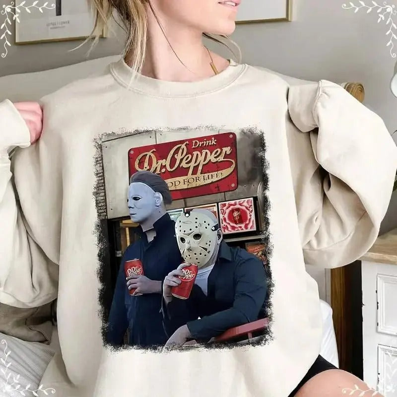 Trending My3rs and V00rhees Drinking Dr. Pepper Halloween Sweater, Funny Halloween Dr Pepper Horror Characters Sweatshirt for men and women, Available sizes S to 3XL