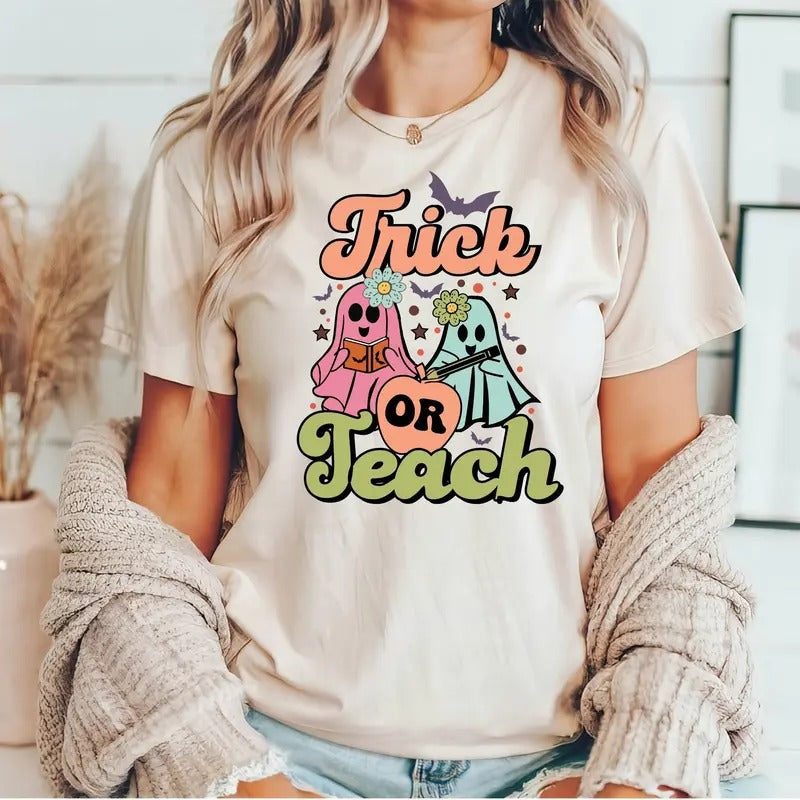 Trick or Teach Retro Halloween Teacher Shirts, Teacher Appreciation Shirts, Kindergarten Teacher Shirt, Elementary Halloween Party, Cotton School