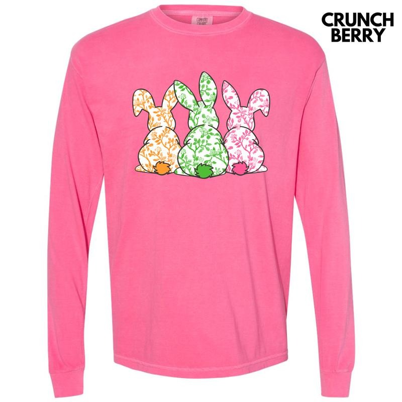Triple Colorful Floral Bunnies Long Sleeve Comfort Colors T-Shirt 'NLB'