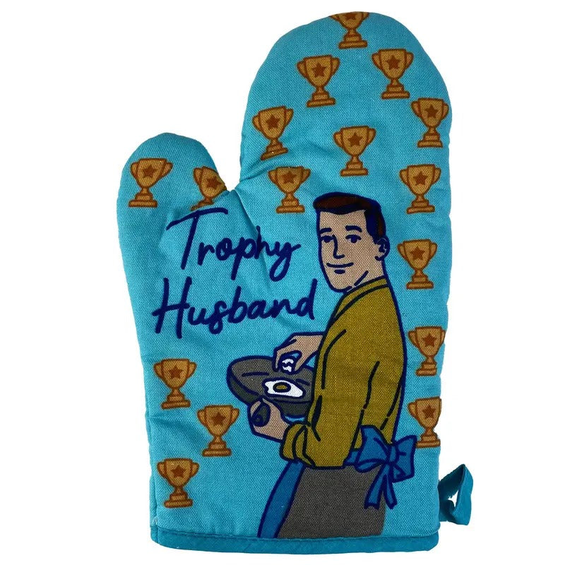 Trophy Husband Oven Mitt Funny Wedding Gift Fiance Cooking Kitchen Glove Funny Graphic Kitchenwear Funny Proposal Novelty Cookware Blue