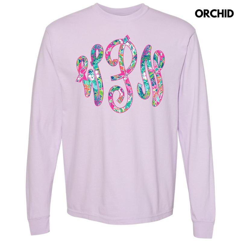 Tropical Monogram Long Sleeve Comfort Colors T-Shirt 'NLB'