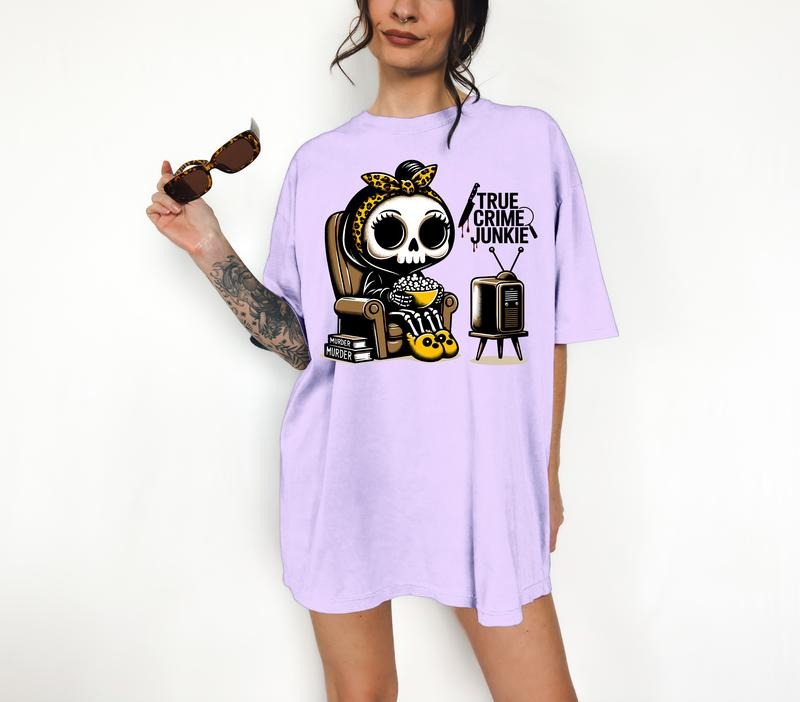 True Crime Junkie - T-Shirt, Cute Skeleton, Bright Graphic, Funny Apparel, Gift Idea, Relaxed Fit, Casual Apparel, Cute Top, Great with Jeans, All Seasons, Fun Style, Comfortable Shirt
