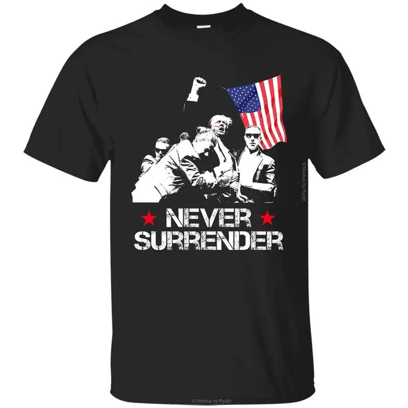 Trum Never Surrender T-shirt, Trum Assassination Attempt T-Shirt, Praying for President Trum Shirt, Bloodied Trum Fist Pumps, Trum Shirts 2024, Front Sided Graphic Printed Unisex Classic Cotton T-Shirts Menswear Top
