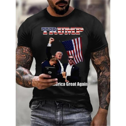 Trump Patriotic American Flag Print T-Shirt - Casual Crew Neck Polyester Tee with Slight Stretch, Knit Fabric - Unisex Regular Fit Made In USA