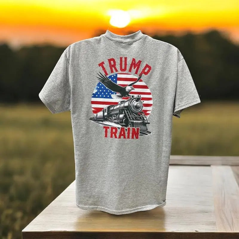 Trump Train 2024 T-Shirt - DryBlend Moisture Wicking High Quality TShirt Funny Shirt Unisex shirt GenX Shirt Classic Collar Cotton Menswear