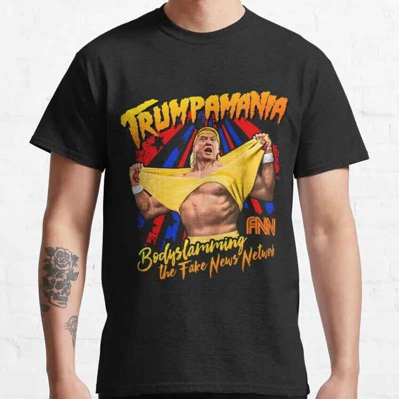 Trump Wrestling Meme Fake News Trumpamania Retro Vintage T-Shirt S-3XL