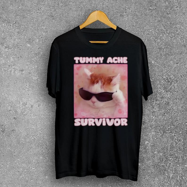 Tummy Ache Survivor Funny Cat Meme T-shirt, Gift for Woman Goofy Ahh Cats Tee Shirt, Trendy Summer Clothes Ironic, Silly Stupid Cat Tee