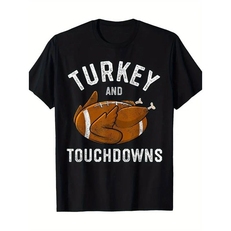 Turkey and Touchdowns Thanksgiving Football Family Matching Premium Print T-Shirt, Casual Crew Neck Short Sleeve Comfort Tee Top For Spring & Summer, Men's Clothing made in usa