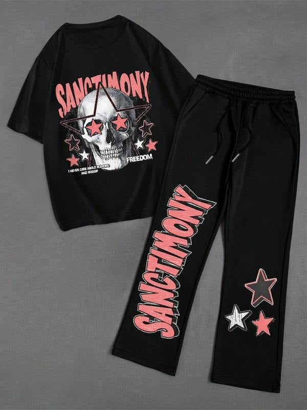 Two-Piece Set Men's Graphic Drop Shoulder Tee & Pocket Drawstring Straight Leg Sweatpants, Regular Fit Casual Fashion Cozy Round Neck Short Sleeve T-Shirt & Elastic Waist Trousers for Daily Wear, Men's Outfits for All Seasons