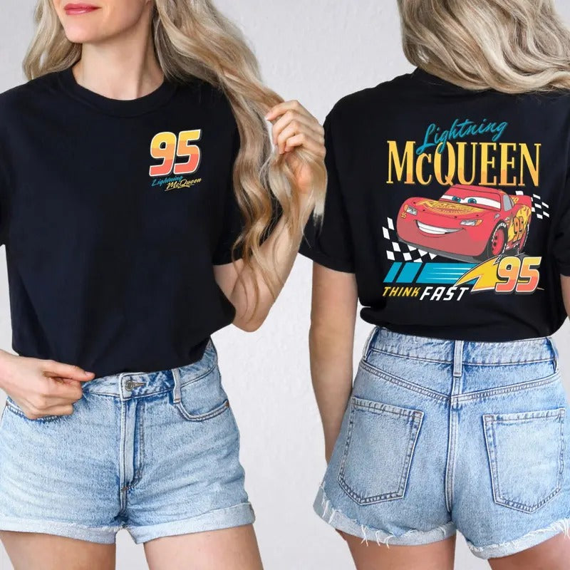 Two Sides Retro Cars Unisex T-Shirt, Lightning 95 Piston Cup T Shirt Comfort Fabric