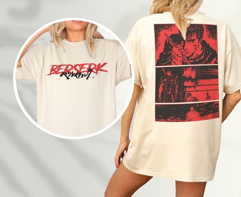 Two sided Anime Graphic T-Shirt, Grunge 90s Japanese Manga Tee Shirt with back Print, Go Berserk for Retro Character Streetwear, Gift for Anime Lover