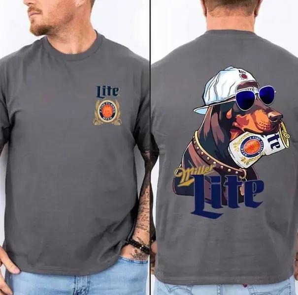 Two-sided Miller Lite Hunting Dog T-shirt, Funny Summer Graphic Tees, Trendy Outdoors Beer Lover Sweatshirt, Unisex Hoodies