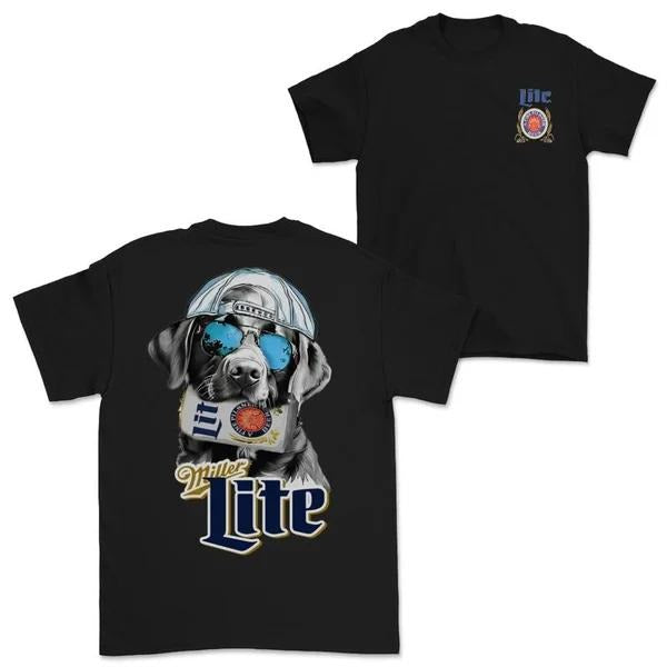 Two-sided Miller Lite With Dog T-shirt, Funny Summer Graphic Tees, Trendy Outdoors Beer Lover Sweatshirt, Unisex Hoodie