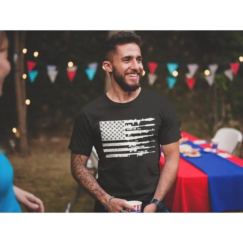 USA American Gun Flag Patriotic Rifle Flag Men's T-Shirt 2nd Amendment Patriotic Made in USA Shirts For Men
