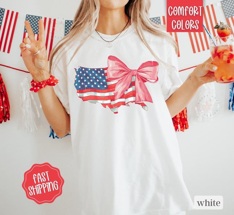 USA Bow Shirt Comfort Colors, America Bow Shirt for July 4th, Memorial Day Shirt, USA Shirt, Election Shirt, Patriotic Bow Shirtstyle{n002}2