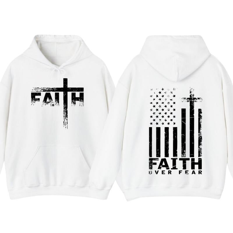 USA Flag Patriotic American Faith Over Fear Prayer 2 Side Pullover Hoodie, T-Shirt - Retro Flag Cross Hoodie, Jesus Shirt Trendy Apparel Bible Verse Gift Vacation Outfits For Men For Women