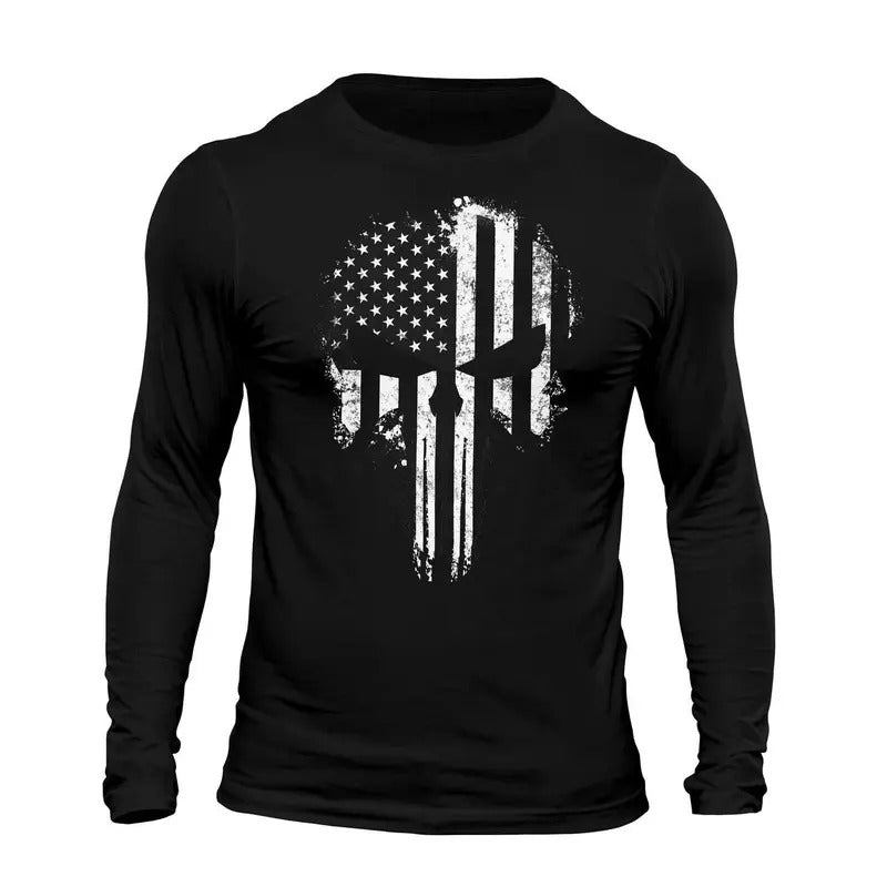 USA Flag Tactical B&W Skull Long Sleeve Men's T-Shirt Casual Classic
