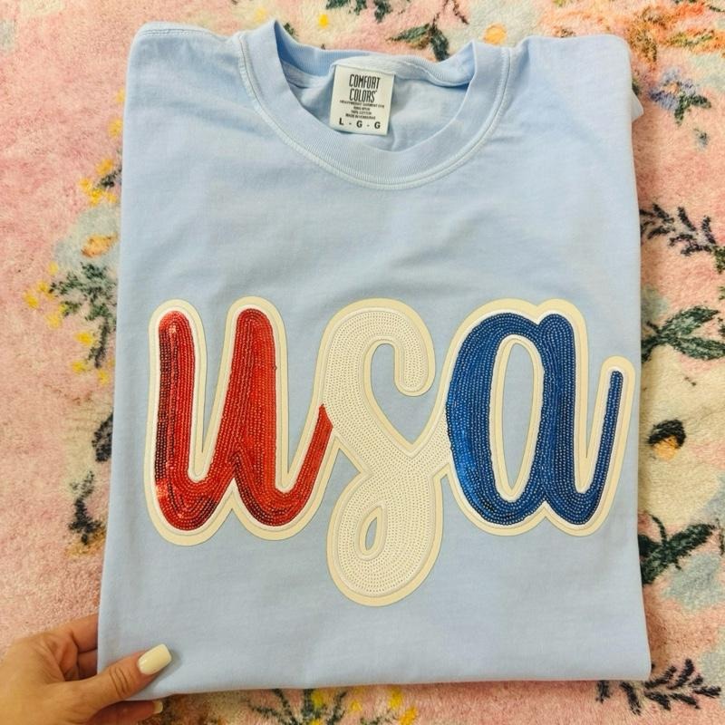 USA sequin patch T shirt | light blue comfort colors t shirt | 4th of July patriotic graphic tee