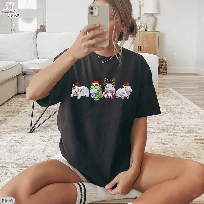 Unisex Hippopotamus Christmas Sweatshirt, Retro Hippo Christmas Light Shirt, Loose Fit Crewneck - Fabric, Man