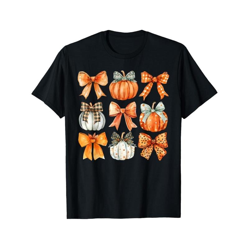 Unisex Thanksgiving Pumpkin and Bow Print T-Shirt - 100% Cotton Crew Neck Casual Tee with Slight Stretch, All-Season Comfort, Perfect Gift for Holidays and Birthdays Made in USA