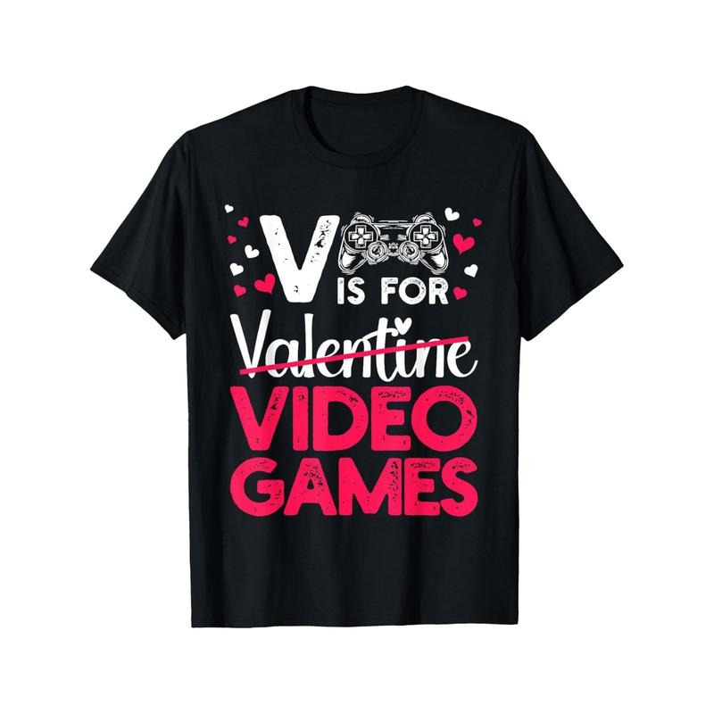 V is for Valentine Video Games Men's T-Shirt - Funny Novelty Graphic Print, Short Sleeve, 100% Cotton, Casual Round Neck Tee for Boyfriend or Husband made in usa