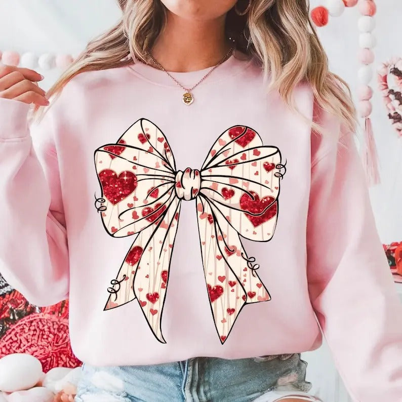 Valentine's day Heart Coquette bow Sweatshirt Retro Valentine , Valentines day Bow , Coquette Bow , Bow Valentine Gifts