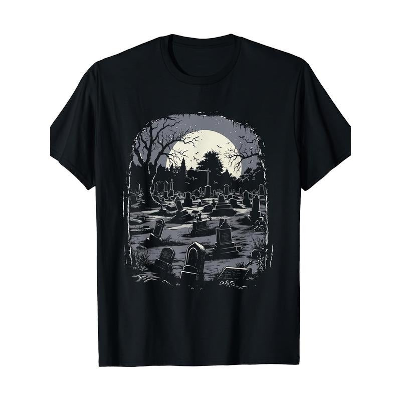 Vibrant Spooky Cemetery Graphic Print Fun Halloween T-Shirt for Men Soft and Breathable Fabric - Perfect for Casual Wear and Halloween Parties Made in USA