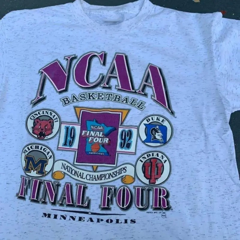 Vintage 1992 Final Four Basketball Tee, Cincinnati Michigan Duke Indiana Shirt Cotton Menswear college merch Top T-Shirt Fabric Embroidered Hoodie