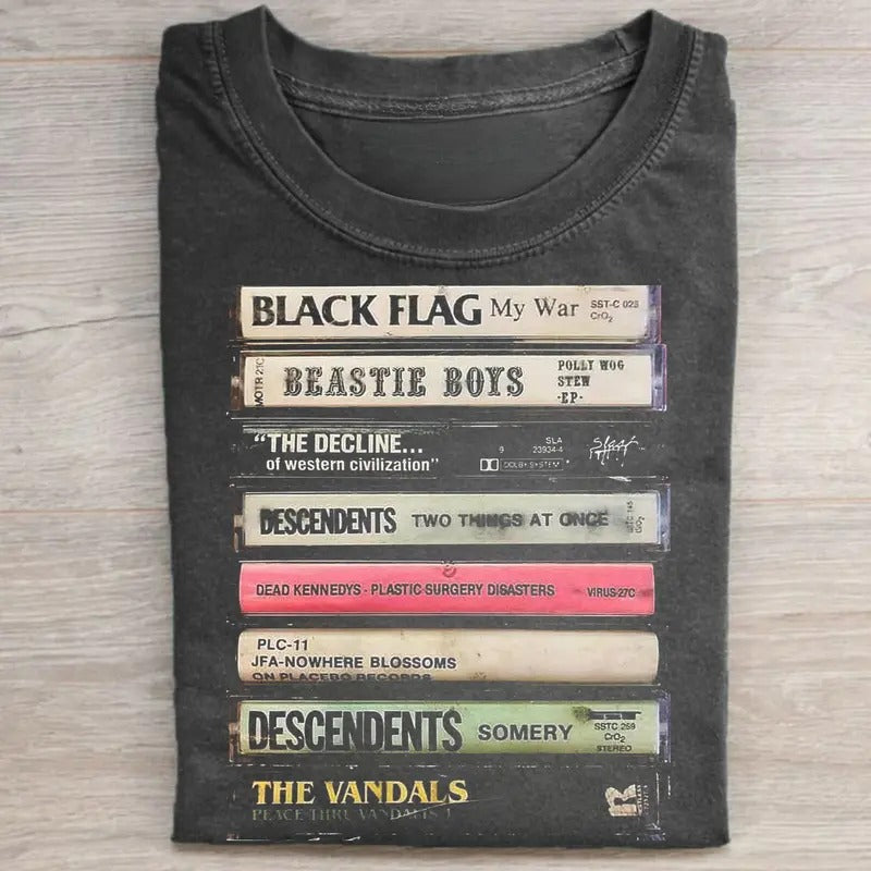 Vintage 80s Rock Cassette Tapes Graphic Tee - Black Flag, The Vandals, Descendents Merch, Rock Band Tee - Hip-hop Graphic Tee
