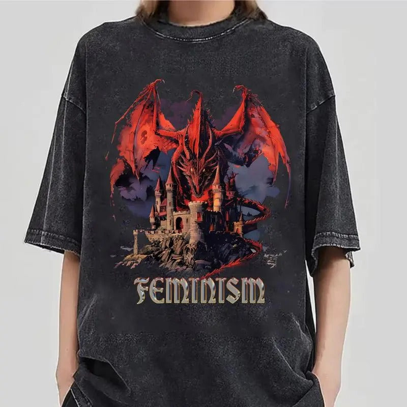 Vintage 90s Feminism Dragon Fantasy Graphic T-Shirt - Funny Gag Shirt, Dragon Shirt - Feminism T Shirt, Meme Shirt, Gag Gift Shirt, Unisex Shirt Top Womenswear
