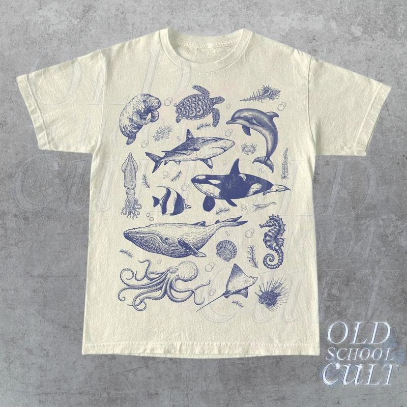 Vintage 90s Tattoo Sea Animal Tshirt Retro Ocean Nature Shirt Sealife Ocean Whale Orca Turtle Dolphin Shirt Unisex Relaxed Adult Tee sweater