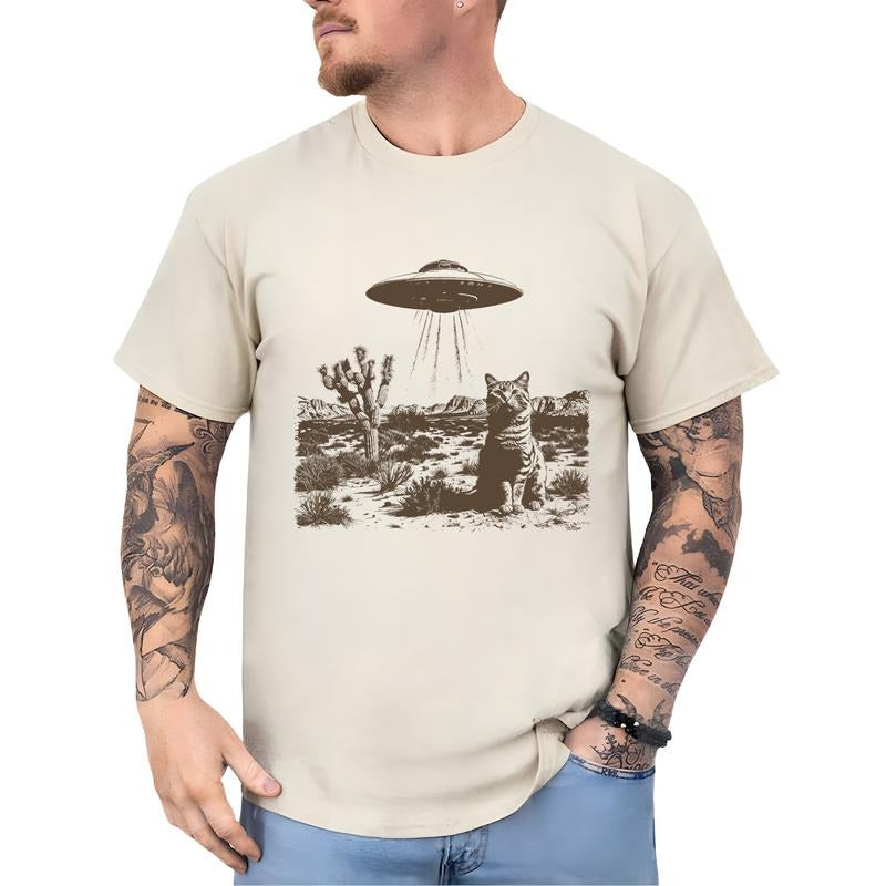 Vintage 90s UFO Cowboy Cat Shirt for Men and Women, Funny Western Kitten T-shirt, Retro Wild West Tees, Gag Gift Meme Tops, Classic Cotton Menswear