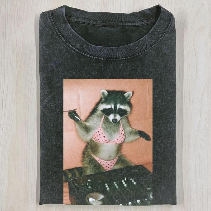 Vintage 90s raccoon wearing a pink T-shirt, polka-dotted bikini, DJ T-shirt, meme shirts, funny graphic tee, Oversized Washed Tee, Gifts Menswear Top