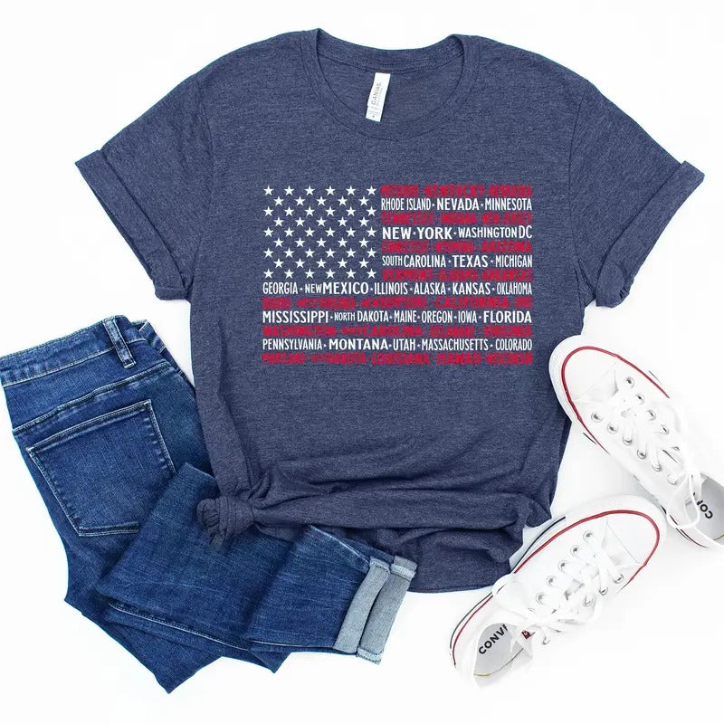 Vintage American Flag Tee with States, Fourth of July Tees, United States Tshirts, July 4th Graphic Tee, USA Shirts, Patriotic T Shirts