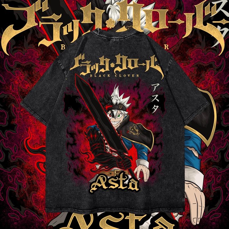 Vintage Asta Washed Oversized T-Shirt, Black Clover Anime Washed Heavy Cotton Special Graphic T-shirt