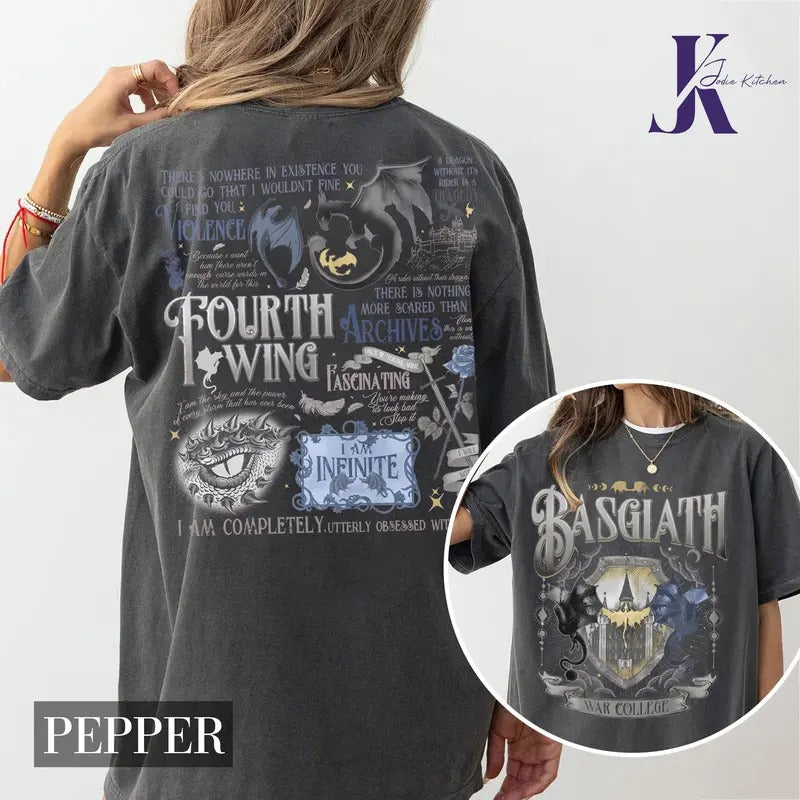 Vintage Basgiath War College 2 Sided Shirt, Fourth Wing Shirt, Dragon Rider, Violet Sorrengail Xaden Riorson Shirt, Fantasy Bookish Shirtstyle{n002}5