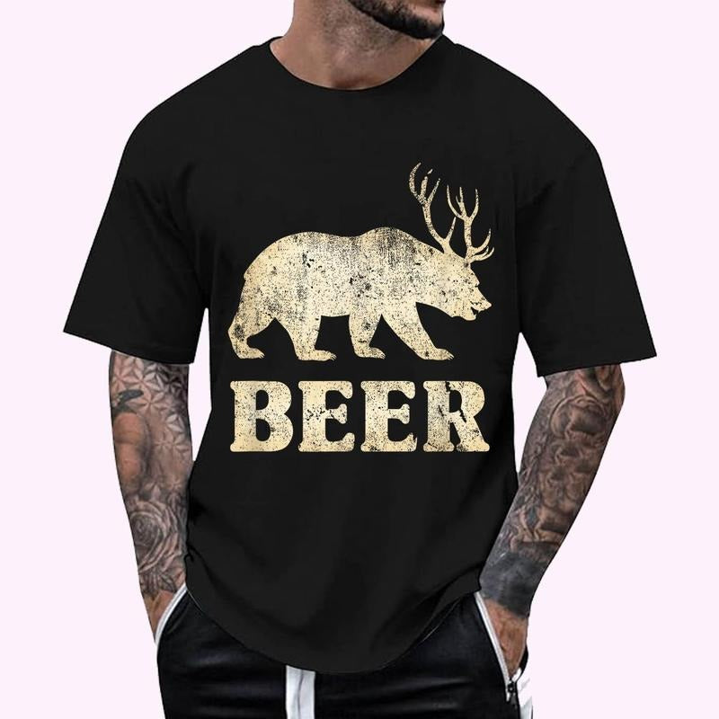 Vintage Bear Deer Funny Beer T-Shirt , Unisex Cotton 100%, Top Menswear