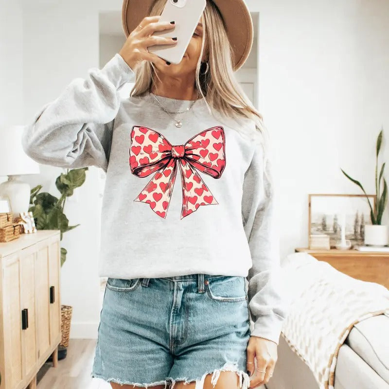 Vintage Bow, Hearts, Coquette, Valentine's Day, Love Sweatshirt, Crew Neck, Women's, Crewneck, Valentine's Day, Love, Heart, Cupid