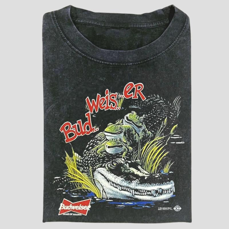 Vintage Budweiser Gator Frogs Graphic Tee, Retro Beer Ad Meme Shirt, 90s Swamp Animal Humor Style, Unisex Menswear Womenswear Top