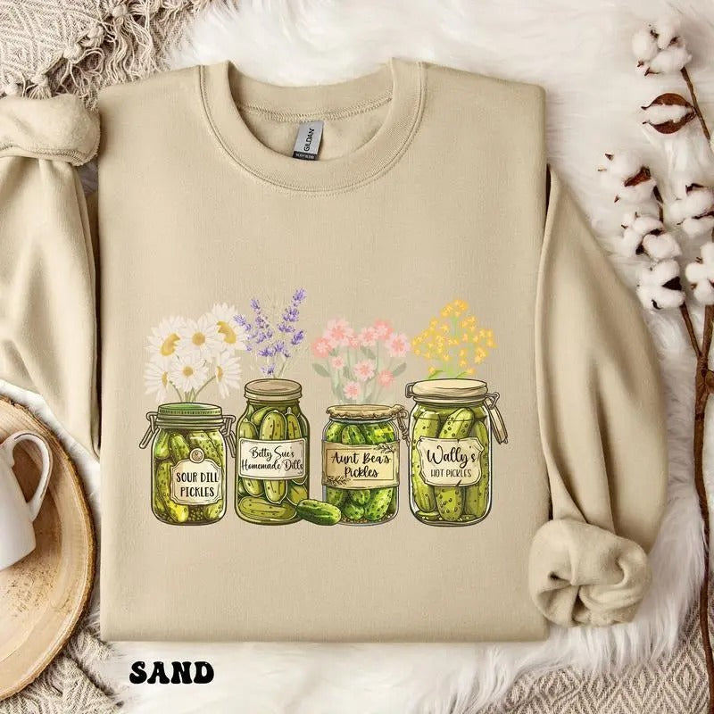 Vintage Canned Pickles Sweatshirt, Canning Season Sweatshirt, SunflowerCrewneck Pickle Lovers, Retro Christmas Shirt